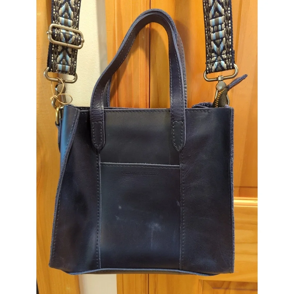 Portland Leather Goods Blue Satchel Bag Top Handle Crossbody‎ Adjustable Strap